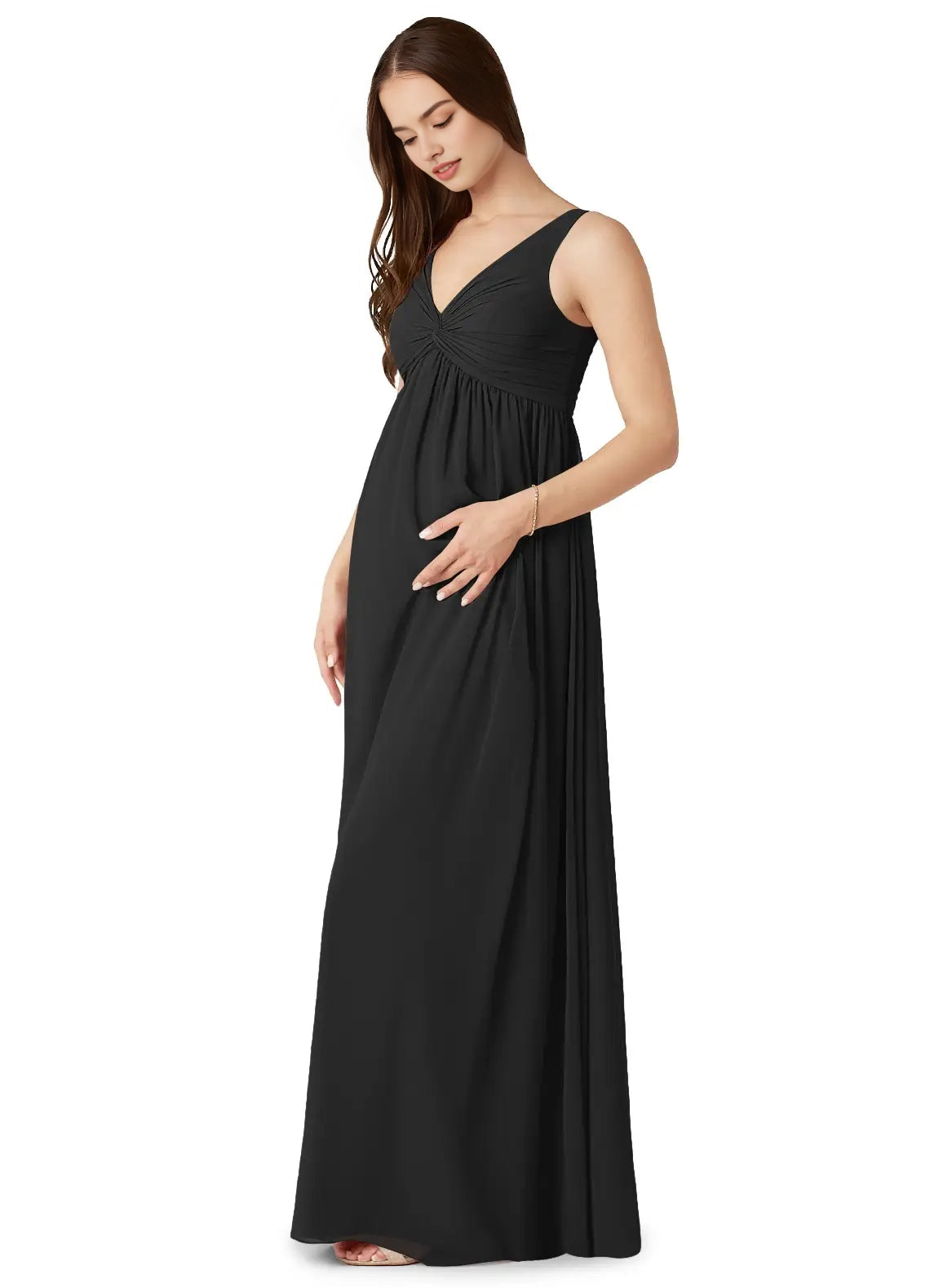 Black V-Neck Maternity Maxi Dress with Ruched Detail A-Line V-Neck Gathered Chiffon Floor-Length Dress black Bridesmaid Dresses