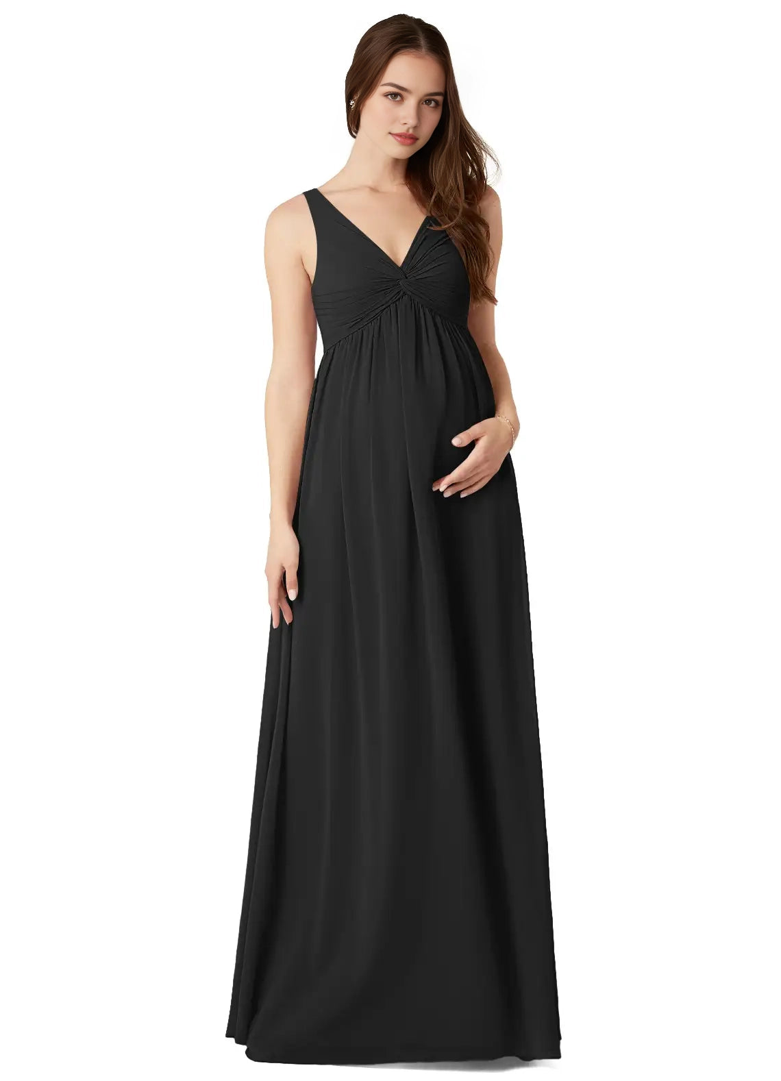 Black V-Neck Maternity Maxi Dress with Ruched Detail A-Line V-Neck Gathered Chiffon Floor-Length Dress black Bridesmaid Dresses