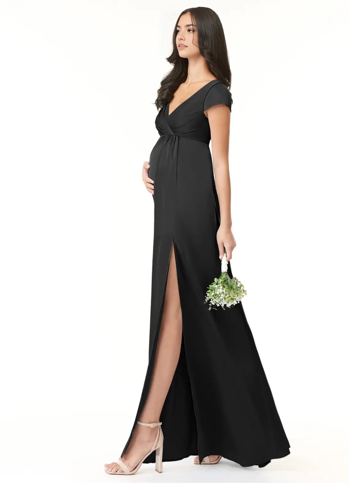 Black V-Neck Maternity Maxi Dress with Side Slit A-Line Pleated Stretch Satin Floor-Length Dress black Bridesmaid Dresses