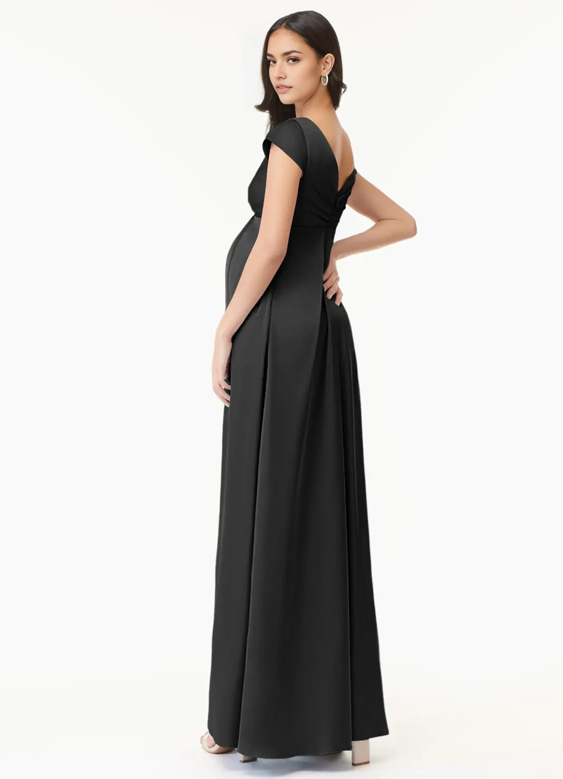 Black V-Neck Maternity Maxi Dress with Side Slit A-Line Pleated Stretch Satin Floor-Length Dress black Bridesmaid Dresses