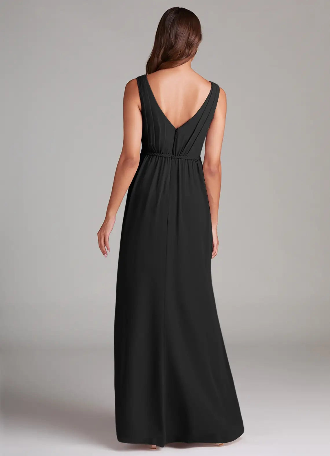 Black V-Neck Maxi Dress with Side Slit and Open Back  A-Line Pleated Chiffon Dress Bridesmaid Dresses