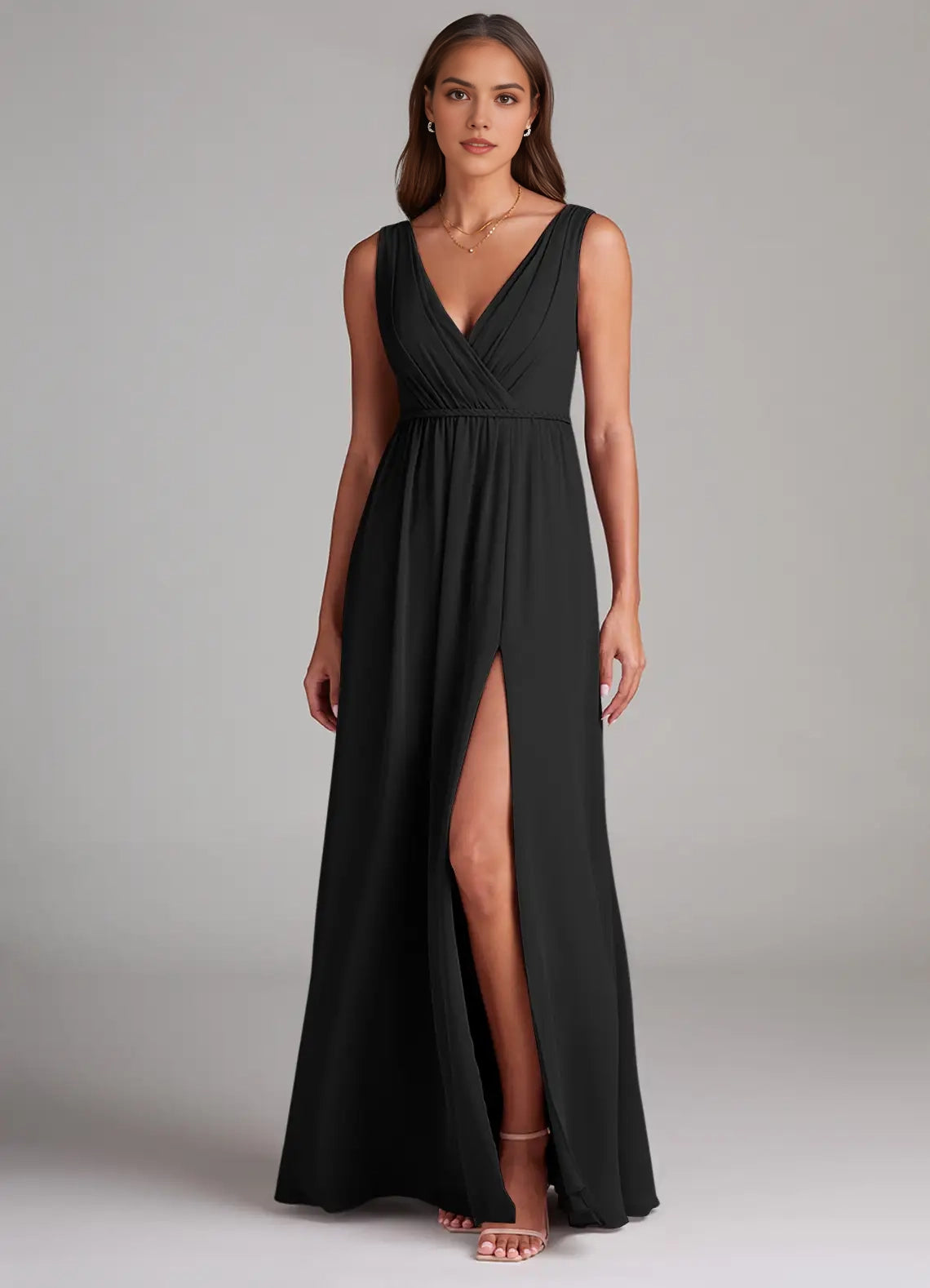 Black V-Neck Maxi Dress with Side Slit and Open Back  A-Line Pleated Chiffon Dress Bridesmaid Dresses