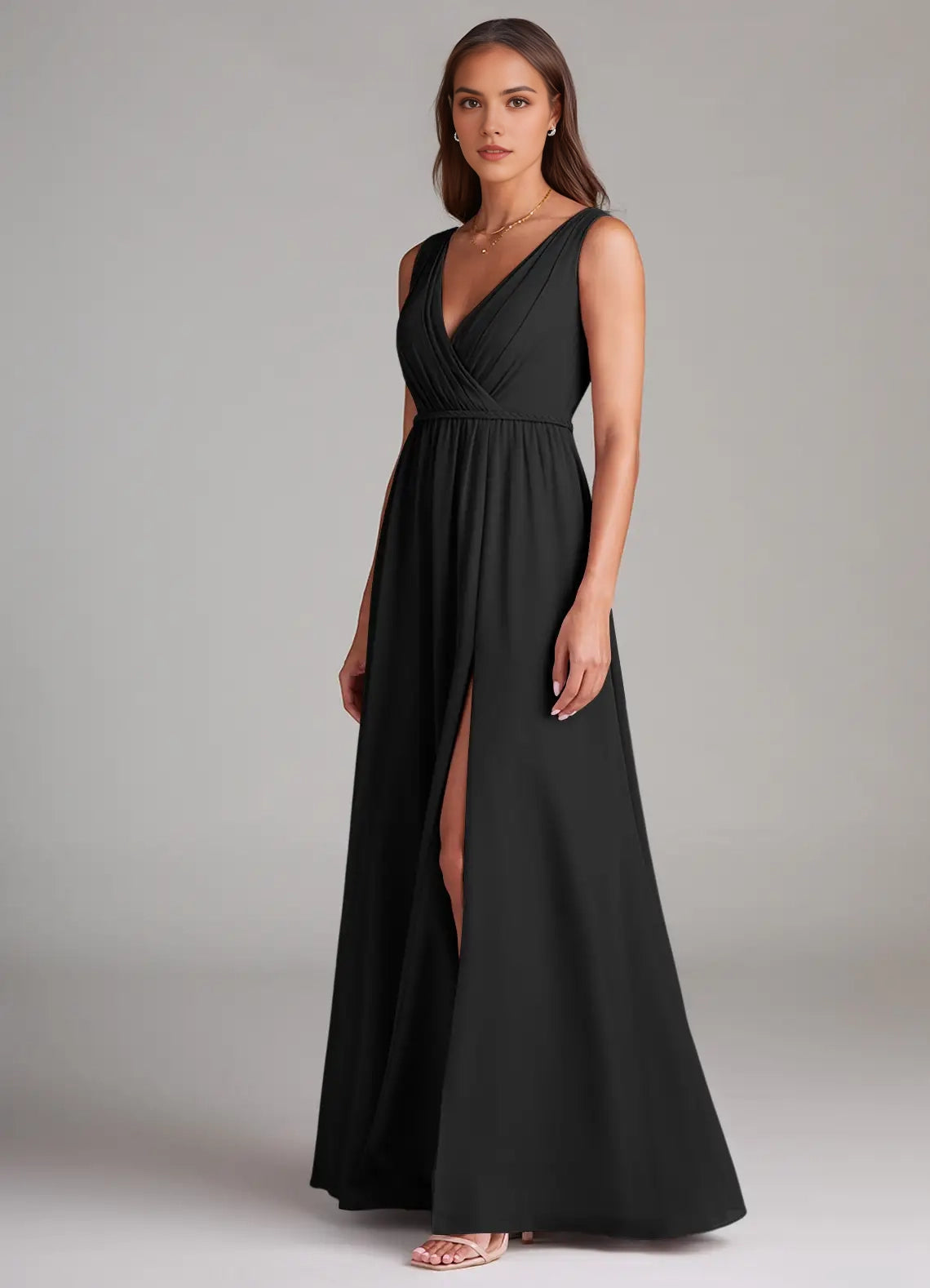 Black V-Neck Maxi Dress with Side Slit and Open Back  A-Line Pleated Chiffon Dress Bridesmaid Dresses