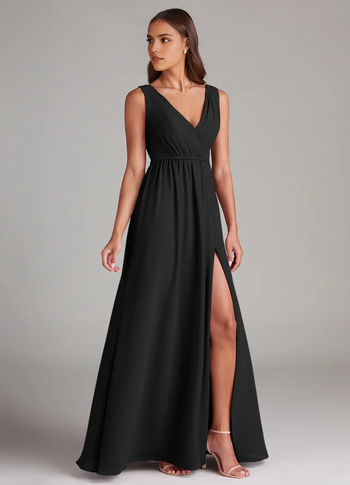 Black V-Neck Maxi Dress with Side Slit and Open Back  A-Line Pleated Chiffon Dress Bridesmaid Dresses