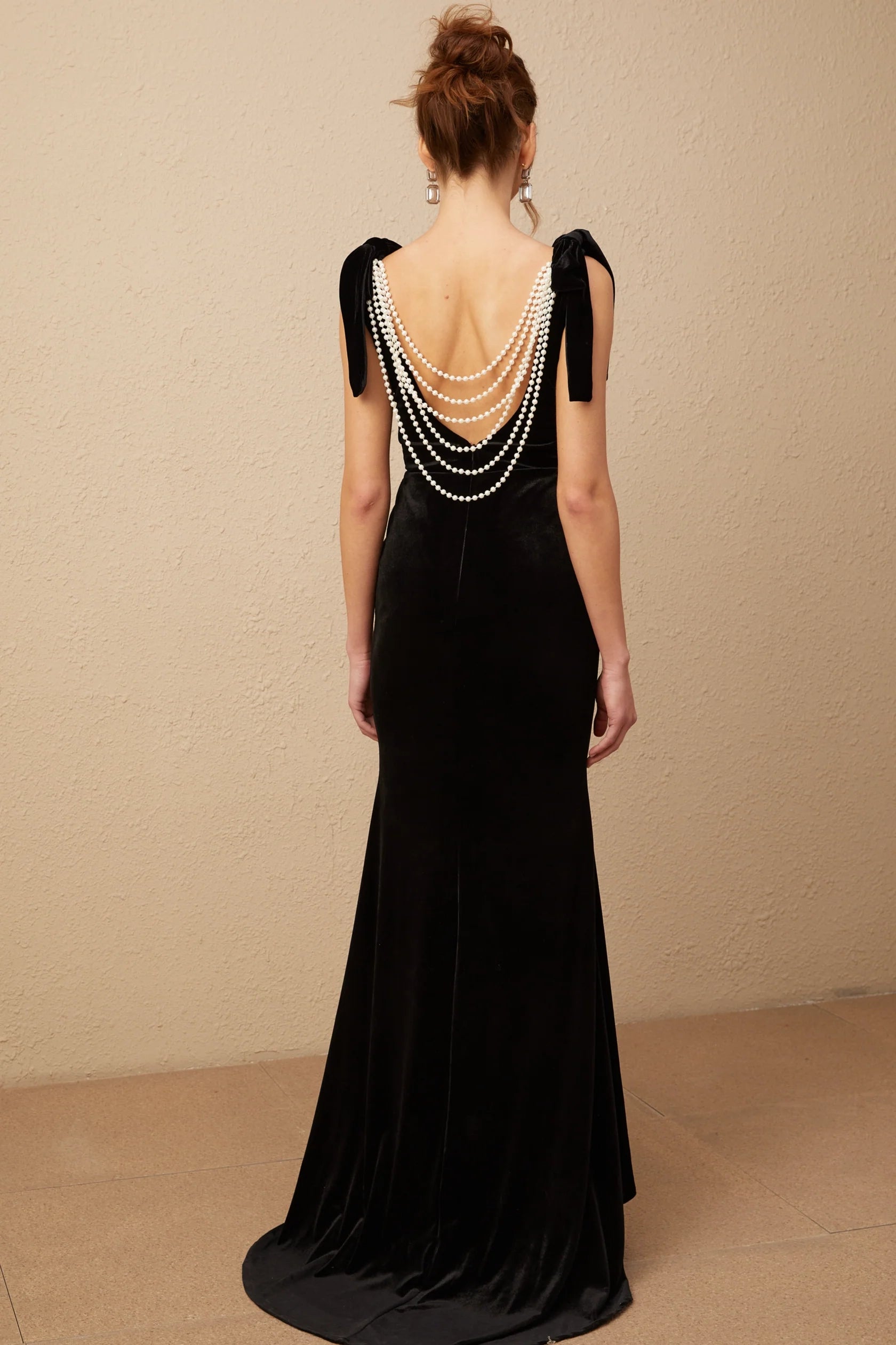 Black Velvet Maxi Dress with Pearl Back Detail Audrey embellished velvet open-back maxi dress Evening Dress