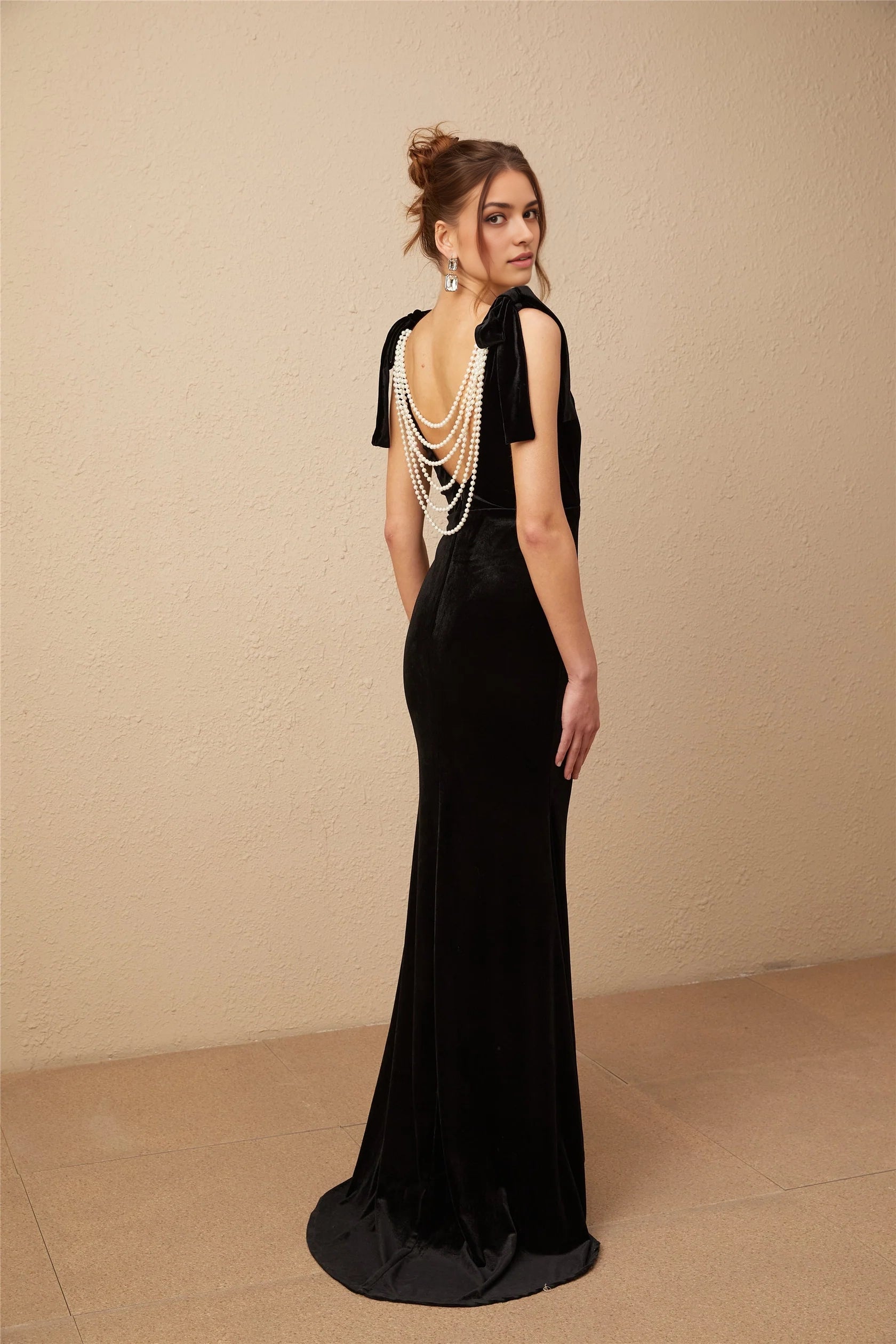Black Velvet Maxi Dress with Pearl Back Detail Audrey embellished velvet open-back maxi dress Evening Dress