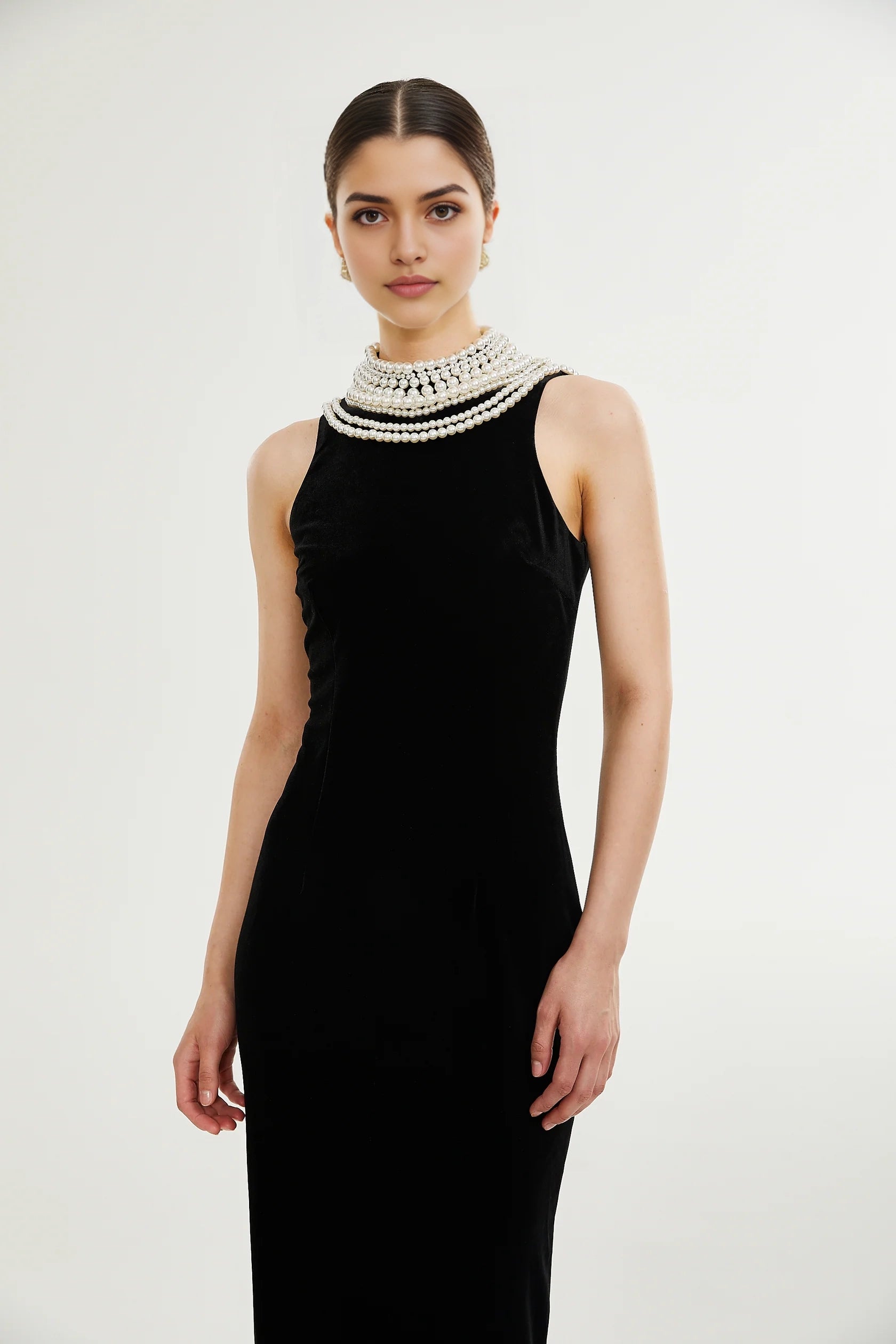 Black Velvet Maxi Dress with Pearl Embellished Neckline Lucena faux pearl-embellished velvet dress Evening Dress