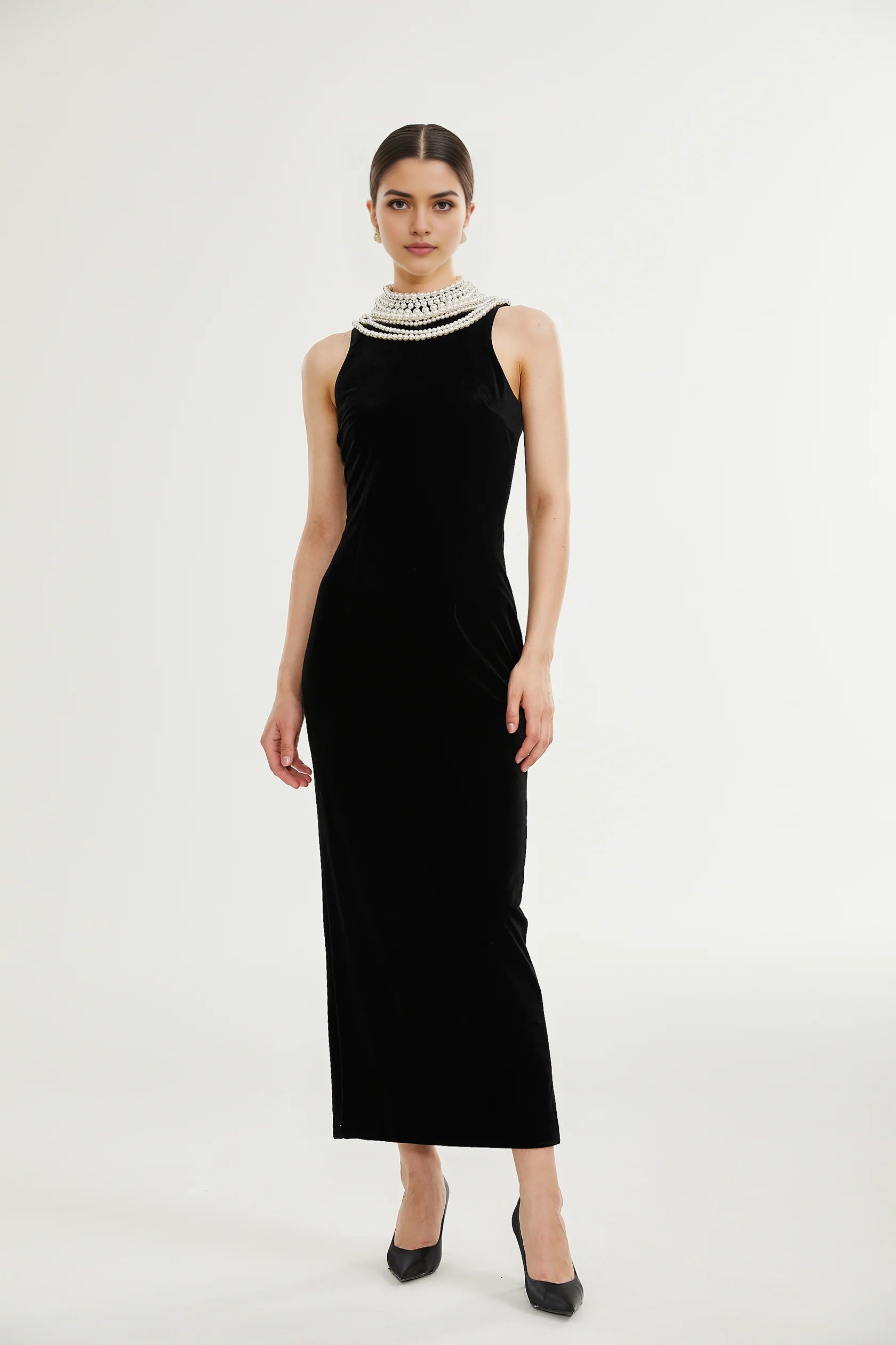 Black Velvet Maxi Dress with Pearl Embellished Neckline Lucena faux pearl-embellished velvet dress Evening Dress