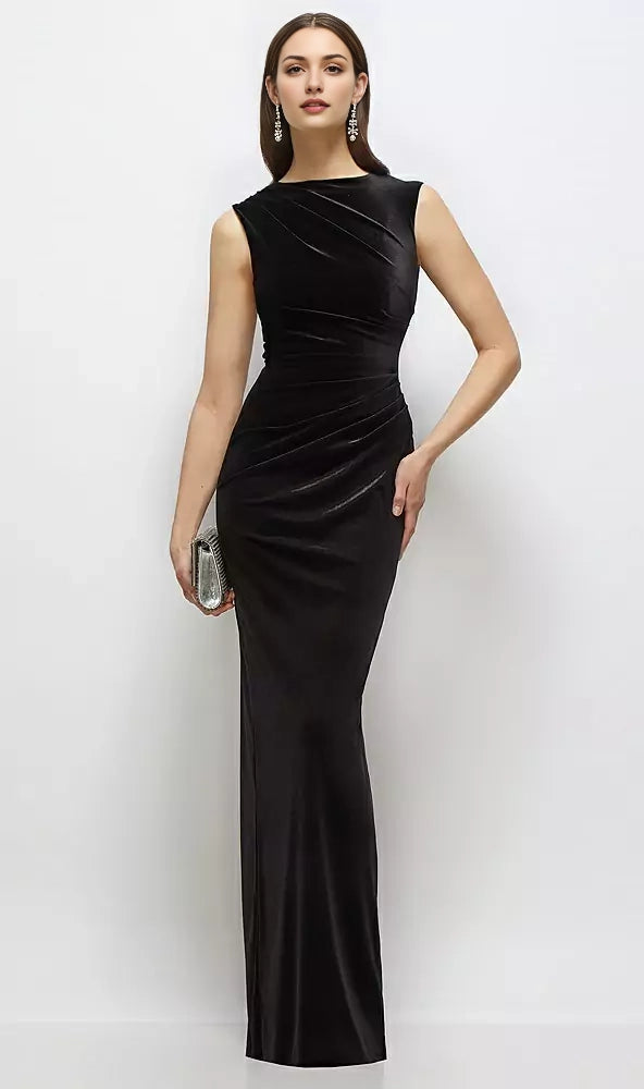 Black Velvet Ruched Sleeveless Maxi Dress Wrinkle Design Mother of the Bride Dresses