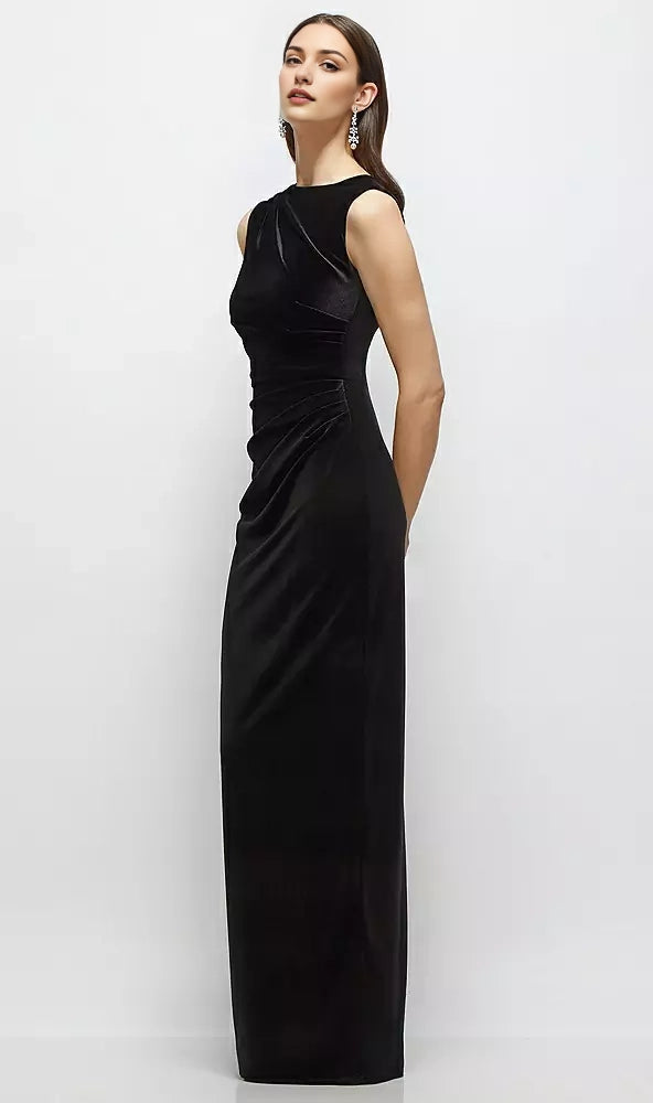 Black Velvet Ruched Sleeveless Maxi Dress Wrinkle Design Mother of the Bride Dresses