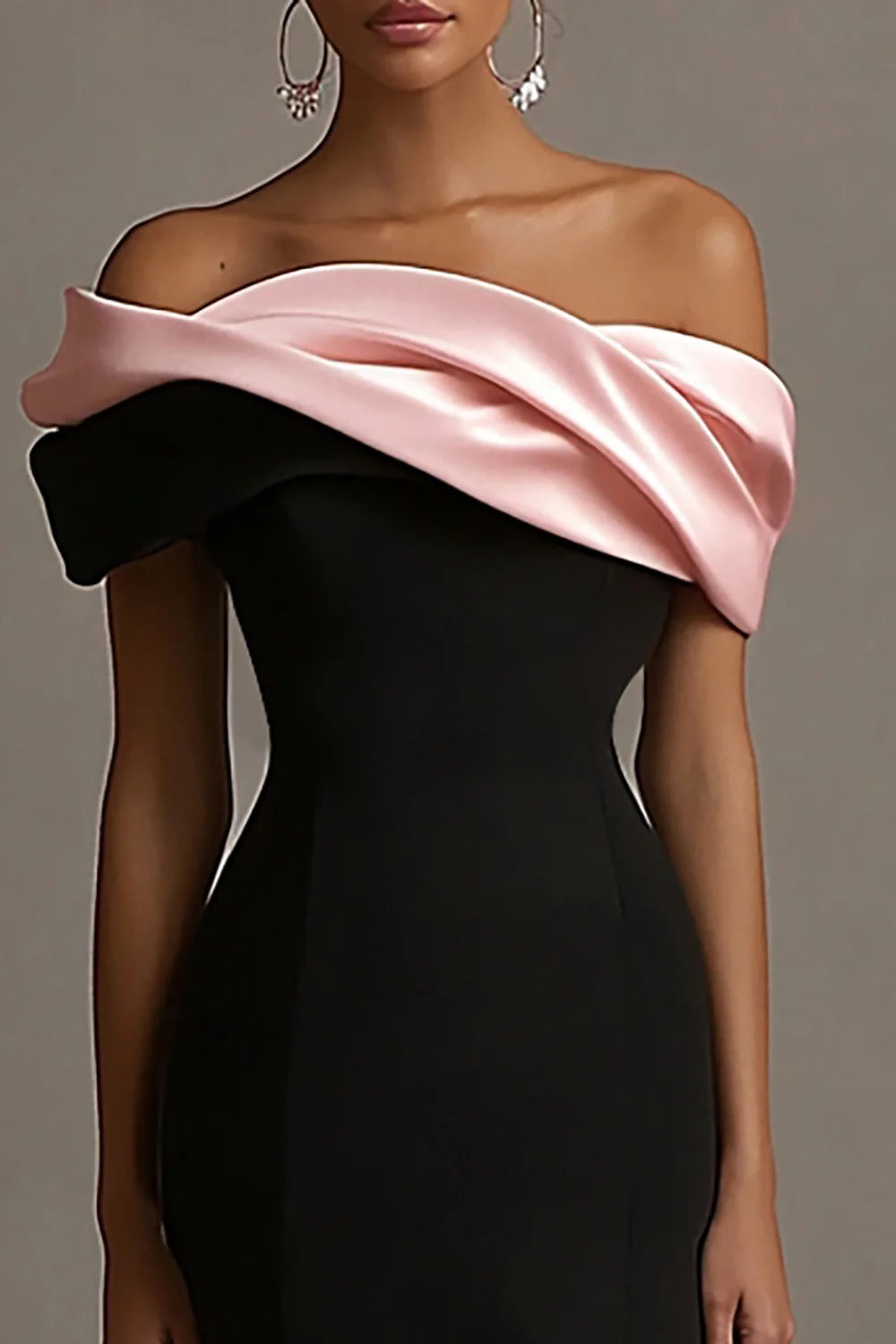 Black and Pink Off - Shoulder Evening Gown Black and Pink Satin Ruffled Off the Shoulder Sheath Long Evening Dress Evening Dress