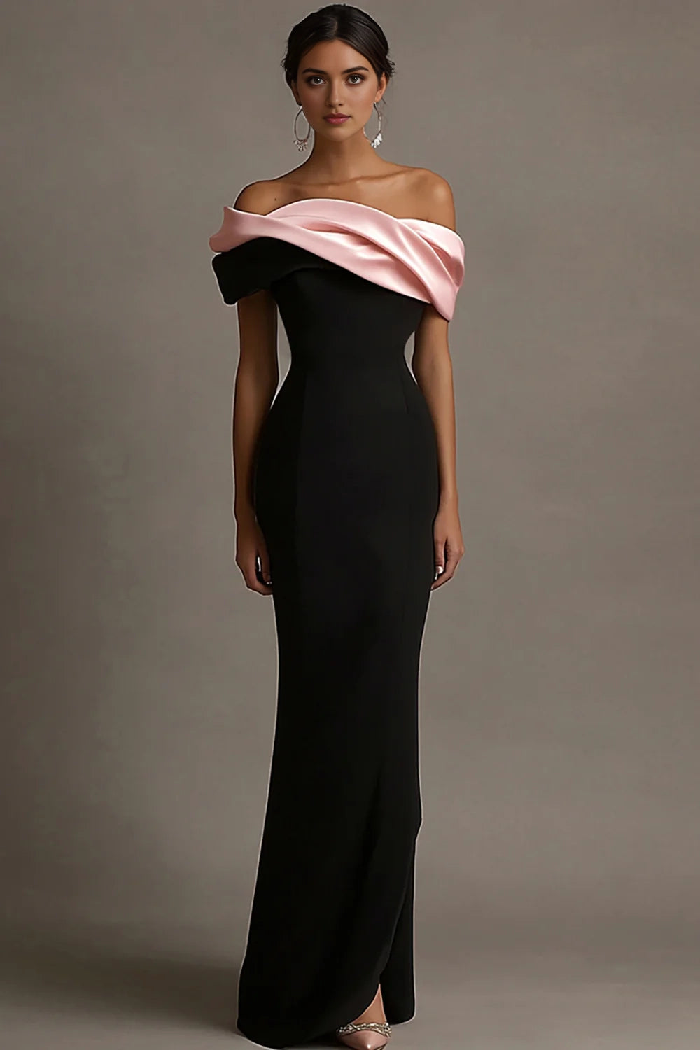 Black and Pink Off - Shoulder Evening Gown Black and Pink Satin Ruffled Off the Shoulder Sheath Long Evening Dress Evening Dress