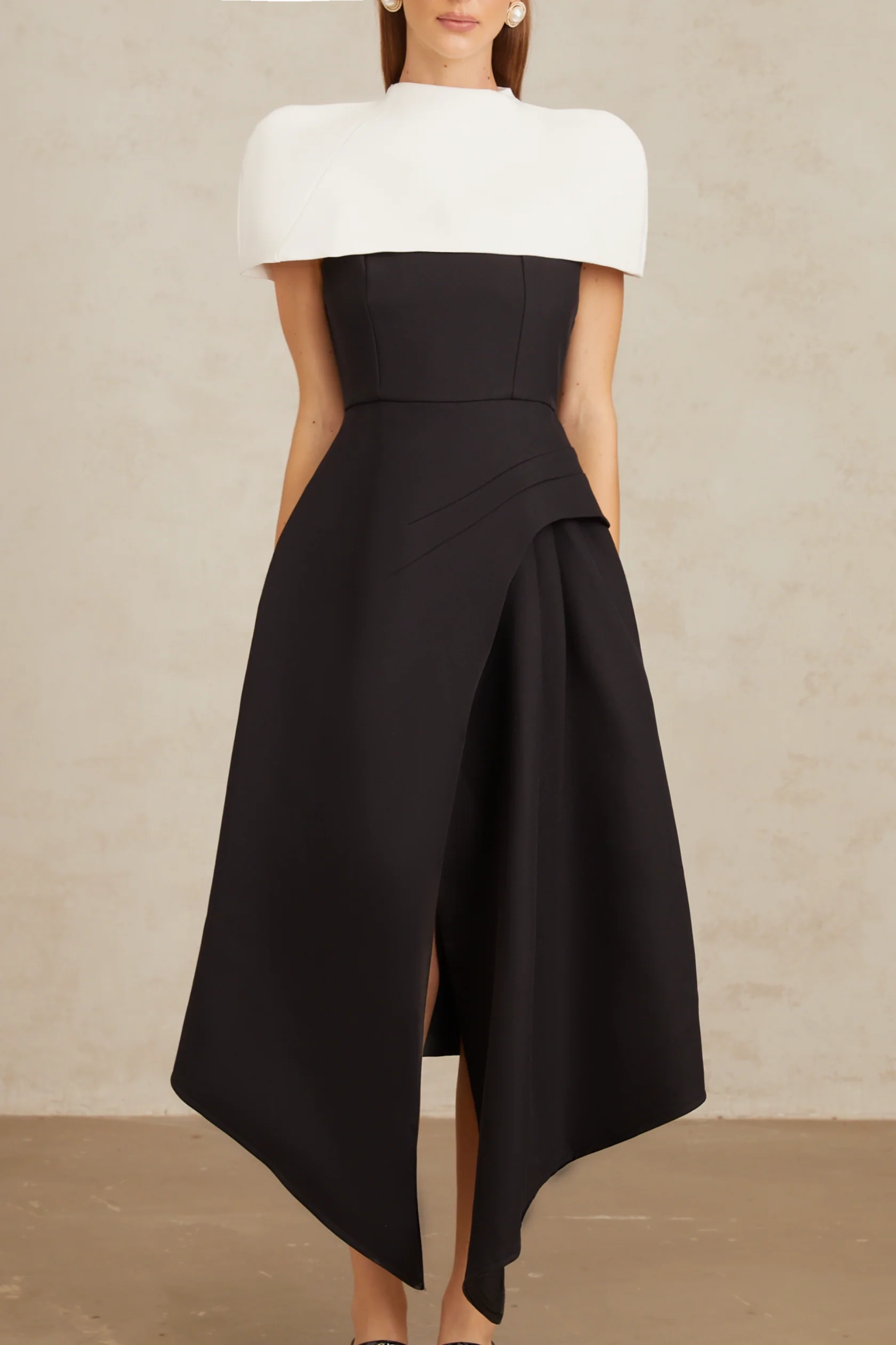 Black and White Contrast Cape - Style Midi Dress Fabienne Color Block Midi Dress with Shawl Detail Evening Dress