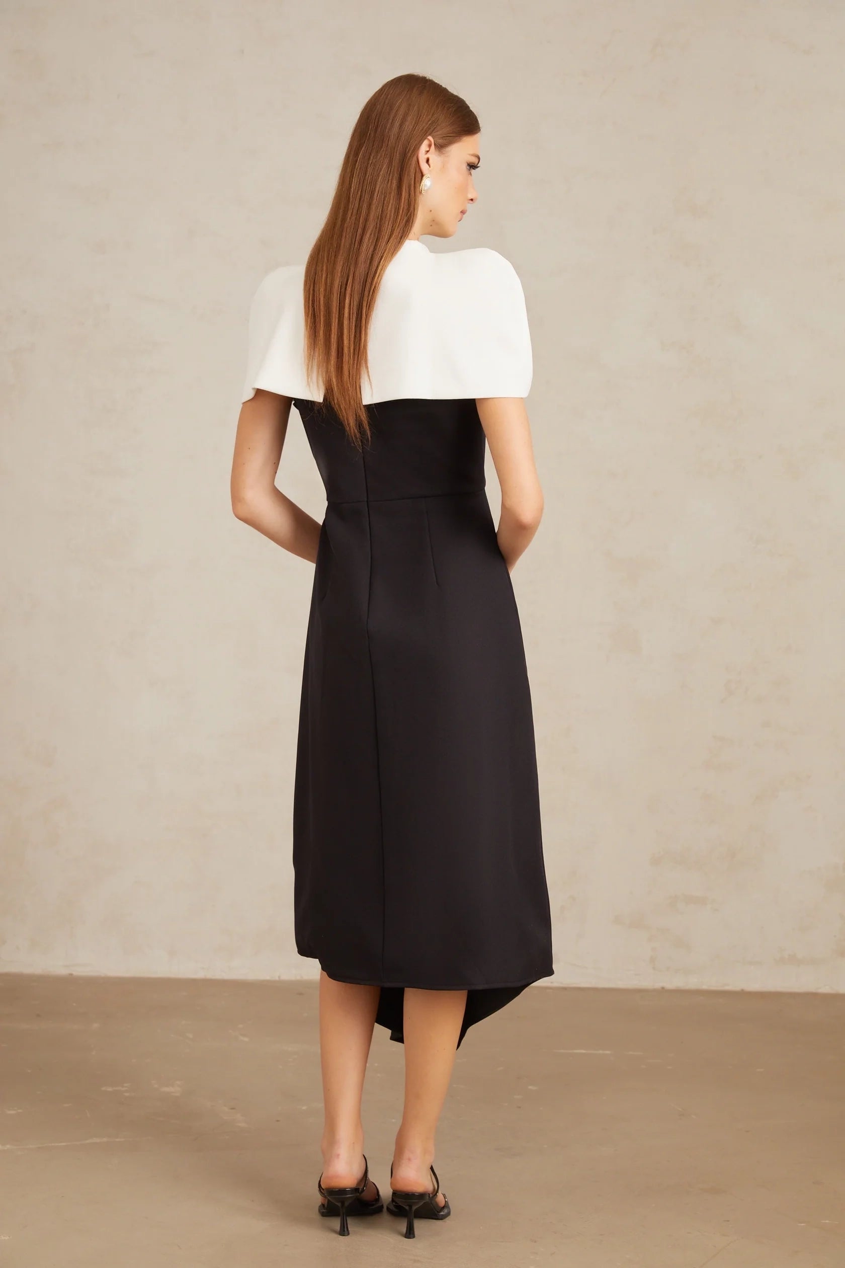 Black and White Contrast Cape - Style Midi Dress Fabienne Color Block Midi Dress with Shawl Detail Evening Dress