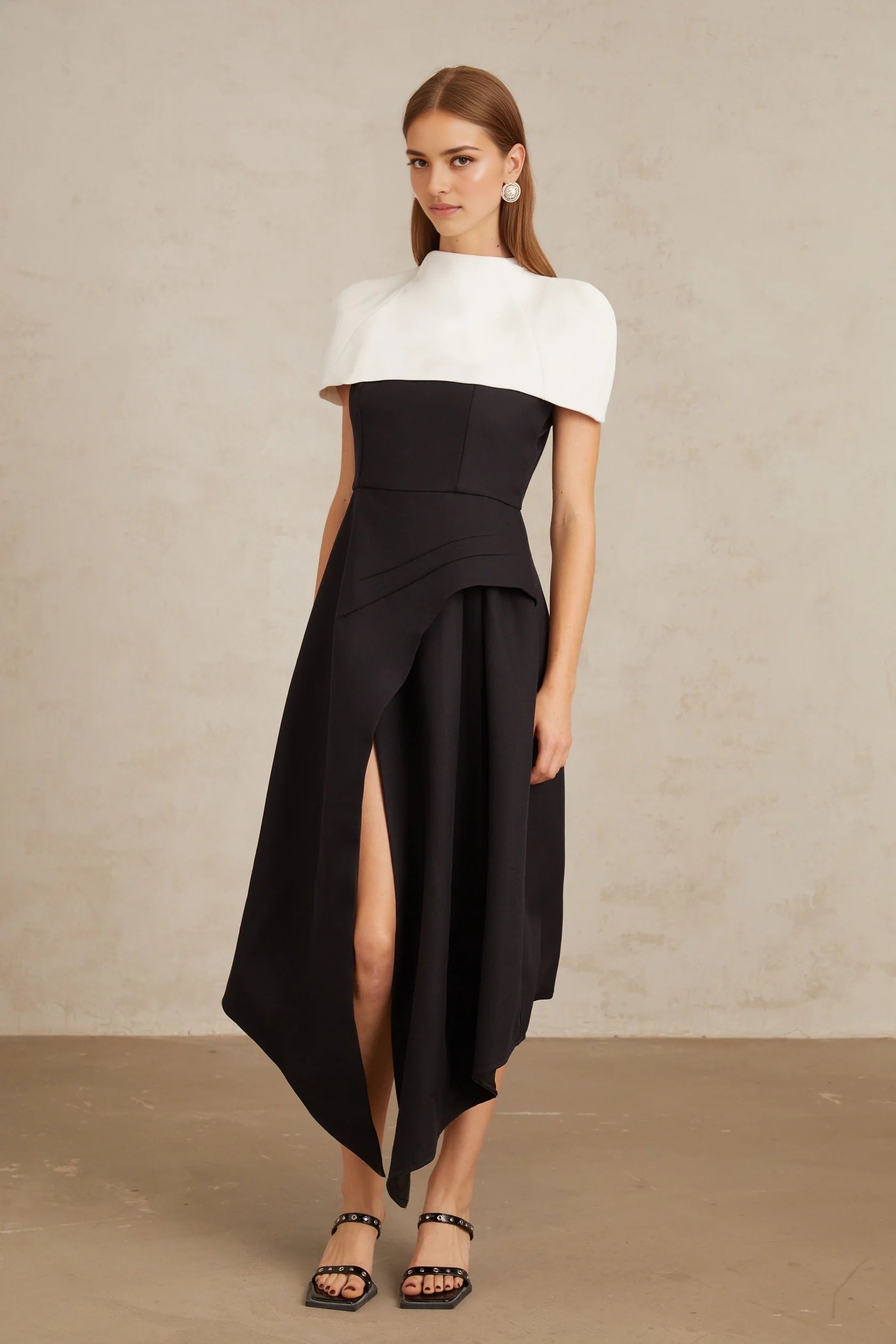 Black and White Contrast Cape - Style Midi Dress Fabienne Color Block Midi Dress with Shawl Detail Evening Dress