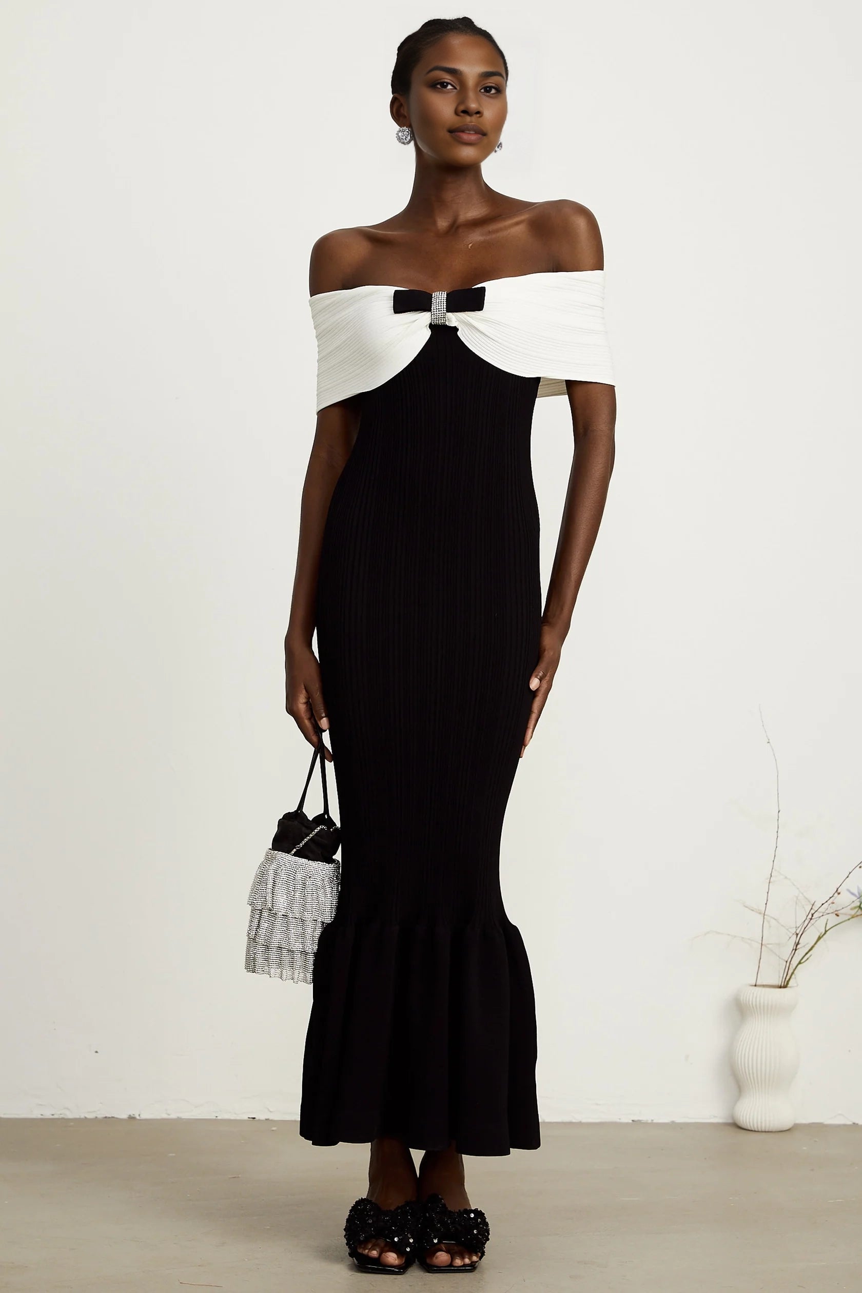 Black and White Off - Shoulder Bow Mermaid Midi Dress  bow-detail ribbed maxi dress Evening Dress