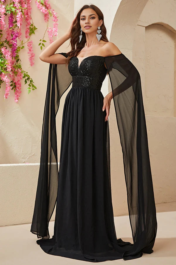 Black A-line Off The Shoulder Chiffon Long Prom Dress simple gentle atmospheric and unique desi