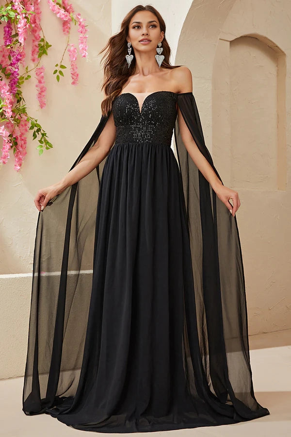 Black A-line Off The Shoulder Chiffon Long Prom Dress simple gentle atmospheric and unique desi