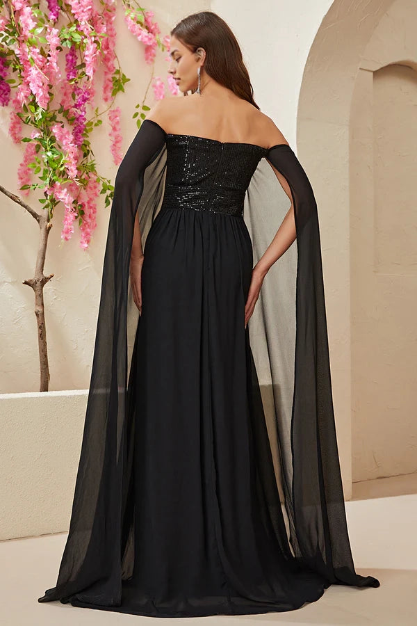 Black A-line Off The Shoulder Chiffon Long Prom Dress simple gentle atmospheric and unique desi