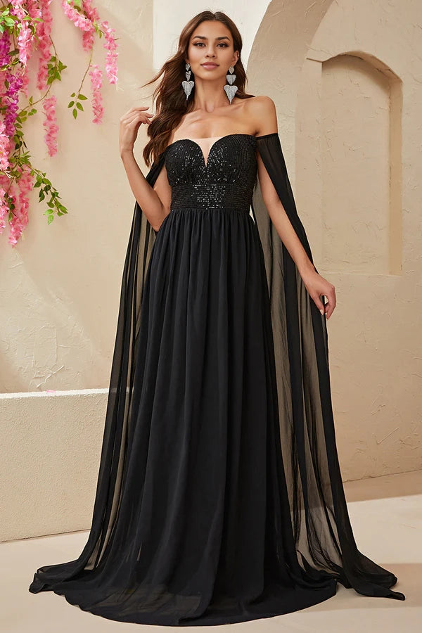 Black A-line Off The Shoulder Chiffon Long Prom Dress simple gentle atmospheric and unique desi