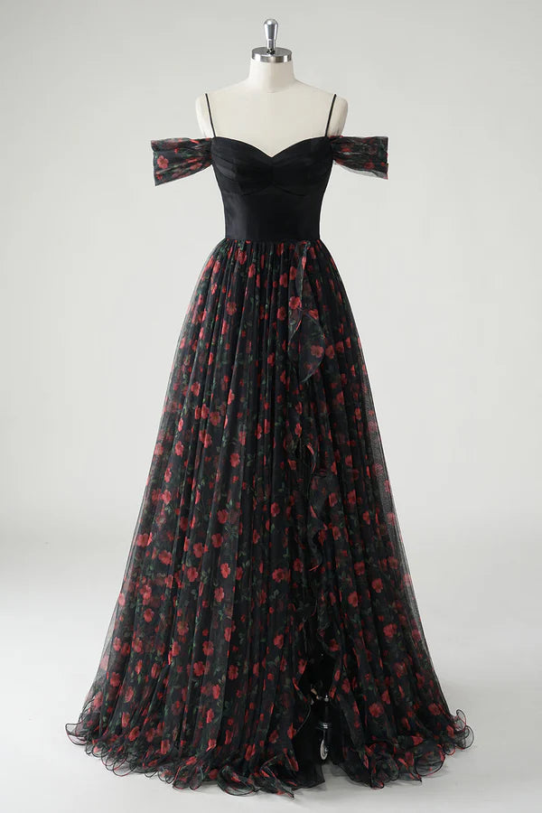 Black A Line Cold Shoulder Printed Floral Long Prom Dress with Slit simple gentle atmospheric and unique desi Bring summer colors to enhance whiteness