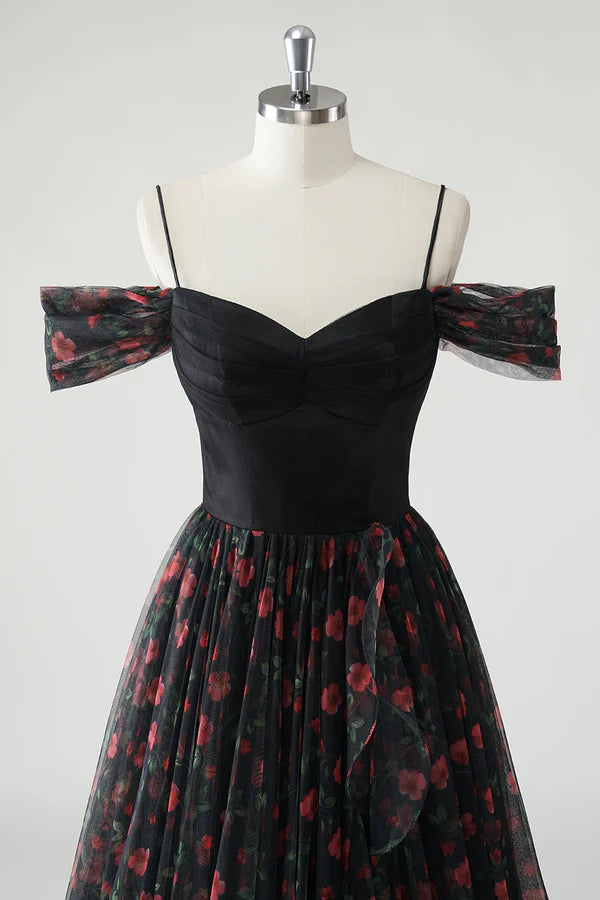 Black A Line Cold Shoulder Printed Floral Long Prom Dress with Slit simple gentle atmospheric and unique desi Bring summer colors to enhance whiteness