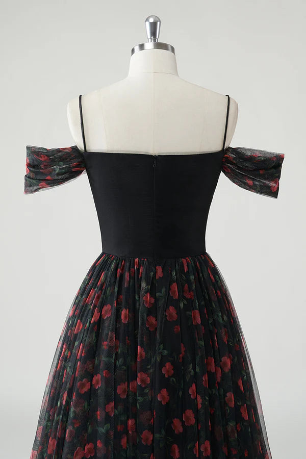 Black A Line Cold Shoulder Printed Floral Long Prom Dress with Slit simple gentle atmospheric and unique desi Bring summer colors to enhance whiteness