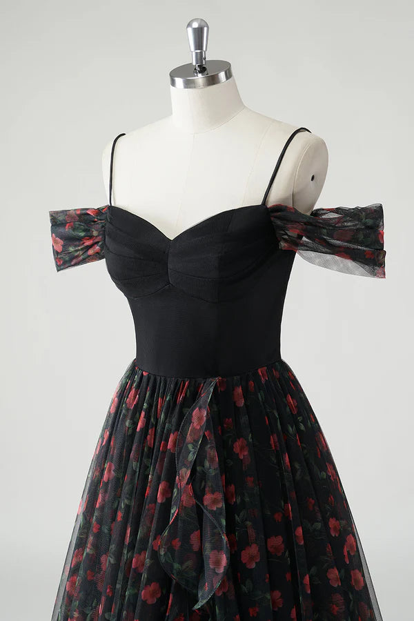 Black A Line Cold Shoulder Printed Floral Long Prom Dress with Slit simple gentle atmospheric and unique desi Bring summer colors to enhance whiteness