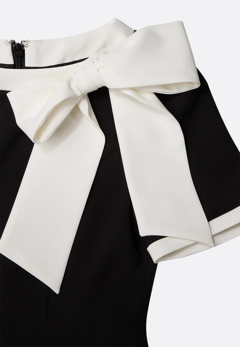 Black Bow Short Sleeve Sheath Midi Dress simple gentle atmospheric and unique desi Bring summer colors to enhance whiteness