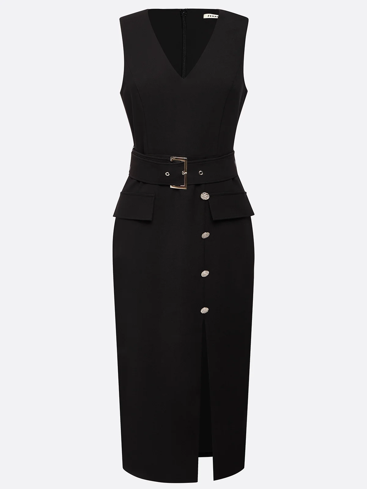 Black Buckle Classic V Neck Sleeveless Sheath Midi Dress simple gentle atmospheric and unique desi Bring summer colors to enhance whiteness