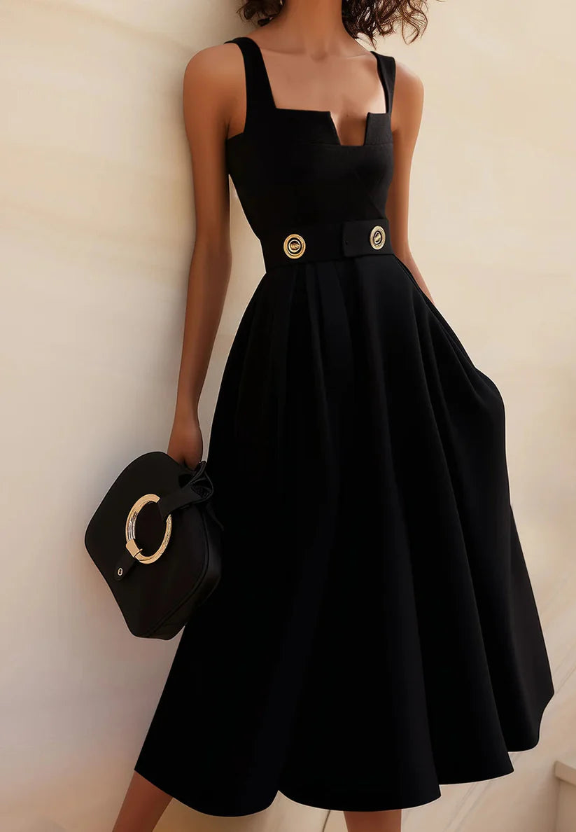 Black Buckle Notched Sleeveless A-Line Midi Dress simple gentle atmospheric and unique desi Bring summer colors to enhance whiteness