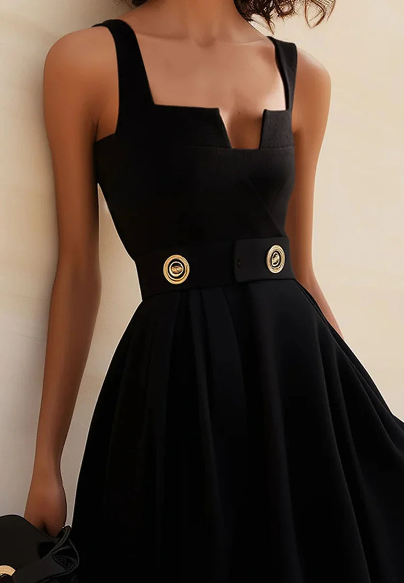 Black Buckle Notched Sleeveless A-Line Midi Dress simple gentle atmospheric and unique desi Bring summer colors to enhance whiteness
