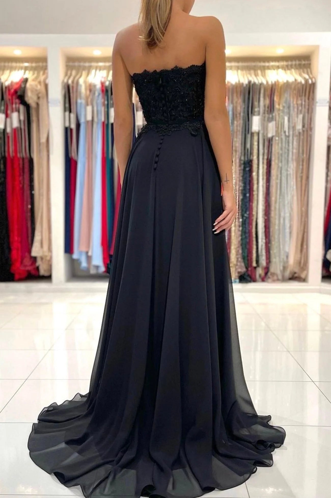 Black Chiffon Lace Long Prom Dress A-Line Strapless Evening Party Dress simple gentle atmospheric and unique desi Bring summer colors to enhance whitenes