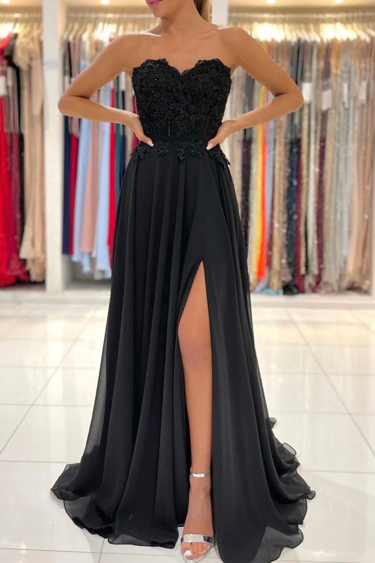 Black Chiffon Lace Long Prom Dress A-Line Strapless Evening Party Dress simple gentle atmospheric and unique desi Bring summer colors to enhance whitenes