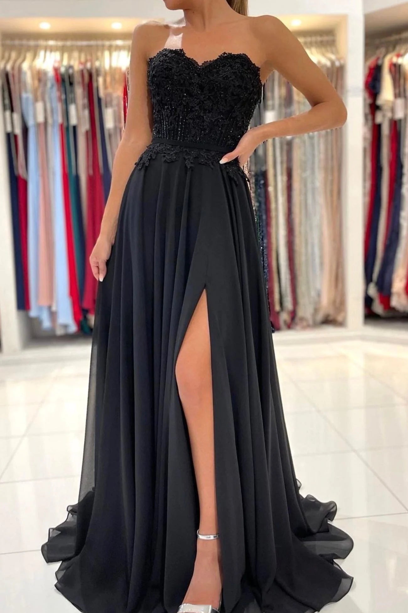 Black Chiffon Lace Long Prom Dress A-Line Strapless Evening Party Dress simple gentle atmospheric and unique desi Bring summer colors to enhance whitenes
