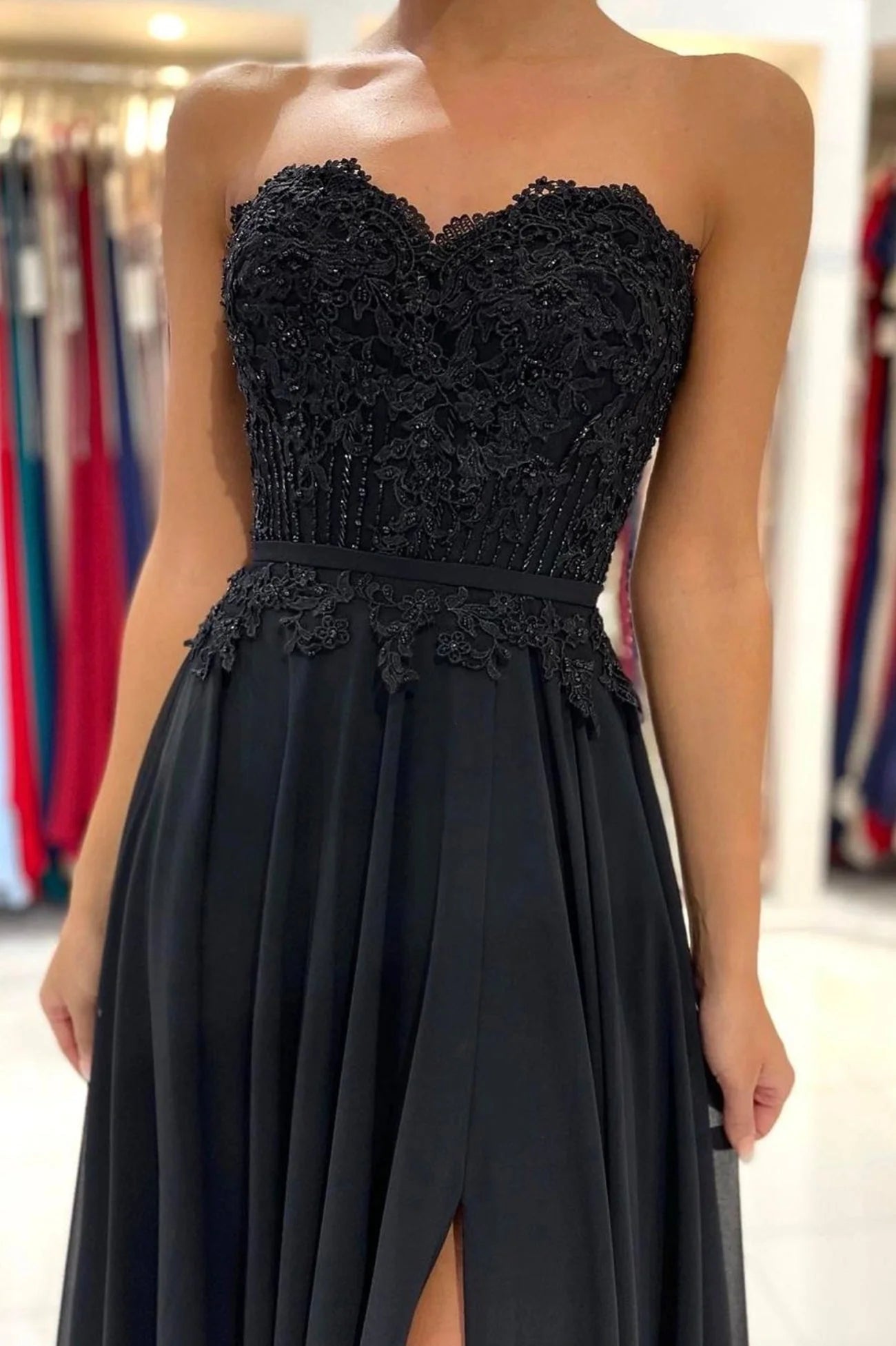 Black Chiffon Lace Long Prom Dress A-Line Strapless Evening Party Dress simple gentle atmospheric and unique desi Bring summer colors to enhance whitenes