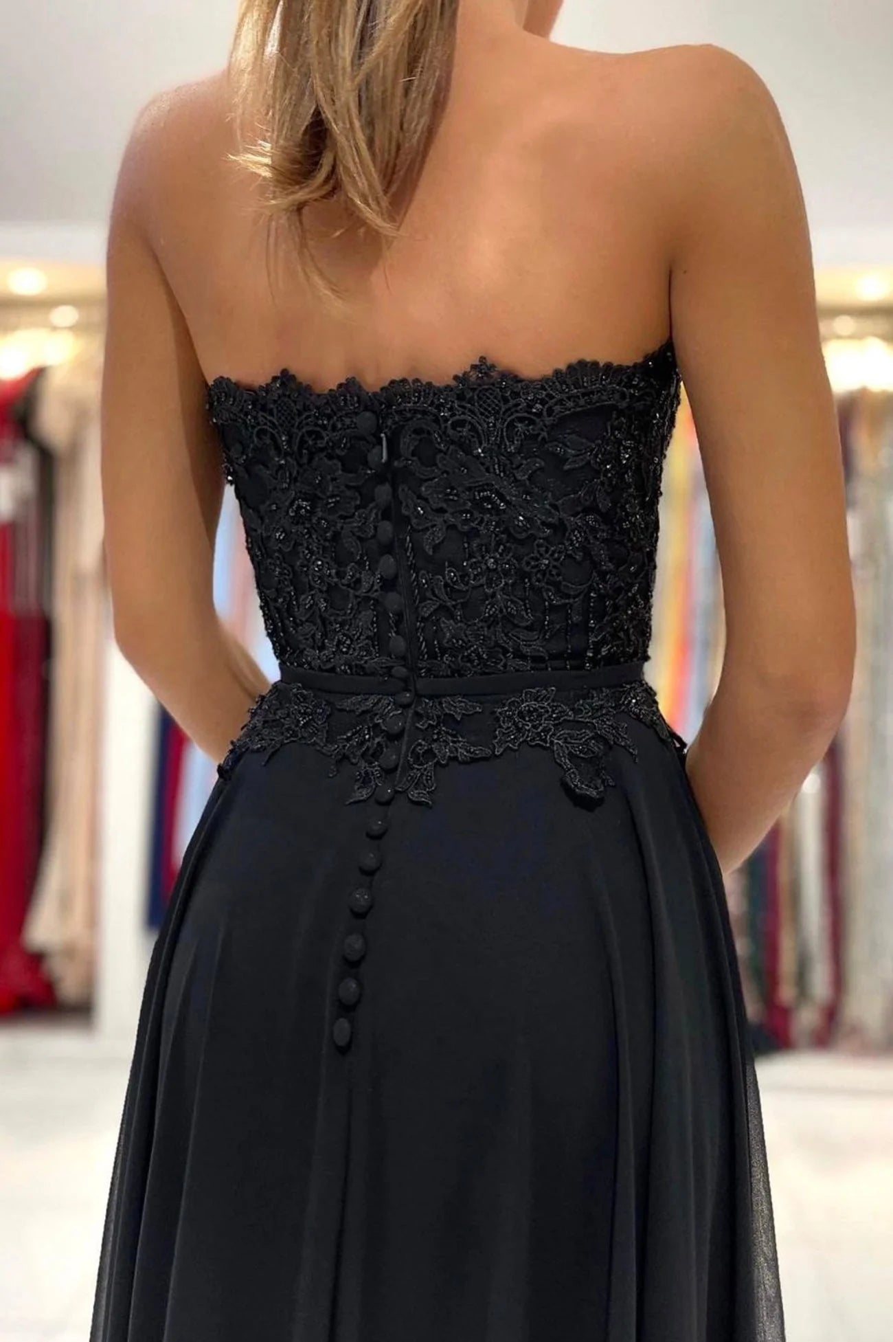 Black Chiffon Lace Long Prom Dress A-Line Strapless Evening Party Dress simple gentle atmospheric and unique desi Bring summer colors to enhance whitenes