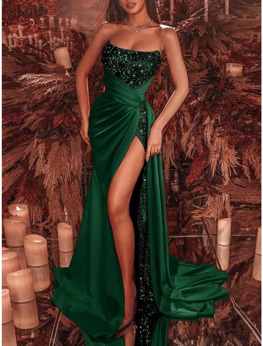 Black Dress Evening Gown Celebrity Style Dress Formal Court Train Sleeveless Strapless Sequined with Ruched Sequin Slit simple gentle atmospheric and unique desi Bring summer colors to enhance whiteness
