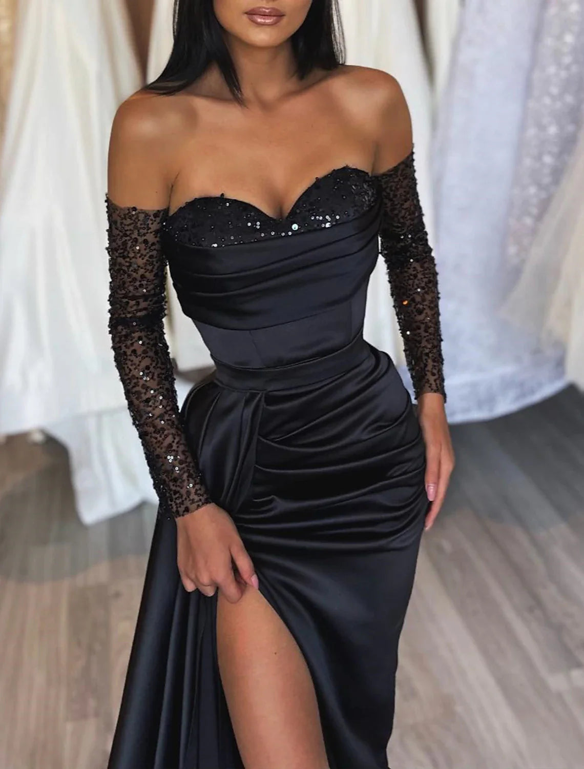 Black Dress Plus Size Evening Gown Black Dress Plus Size Vintage Formal Wedding Party Court Train Long Sleeve Off Shoulder Satin with Ruched Sequin Slit simple gentle atmospheric and unique desi Bring summer colors to enhance whiteness