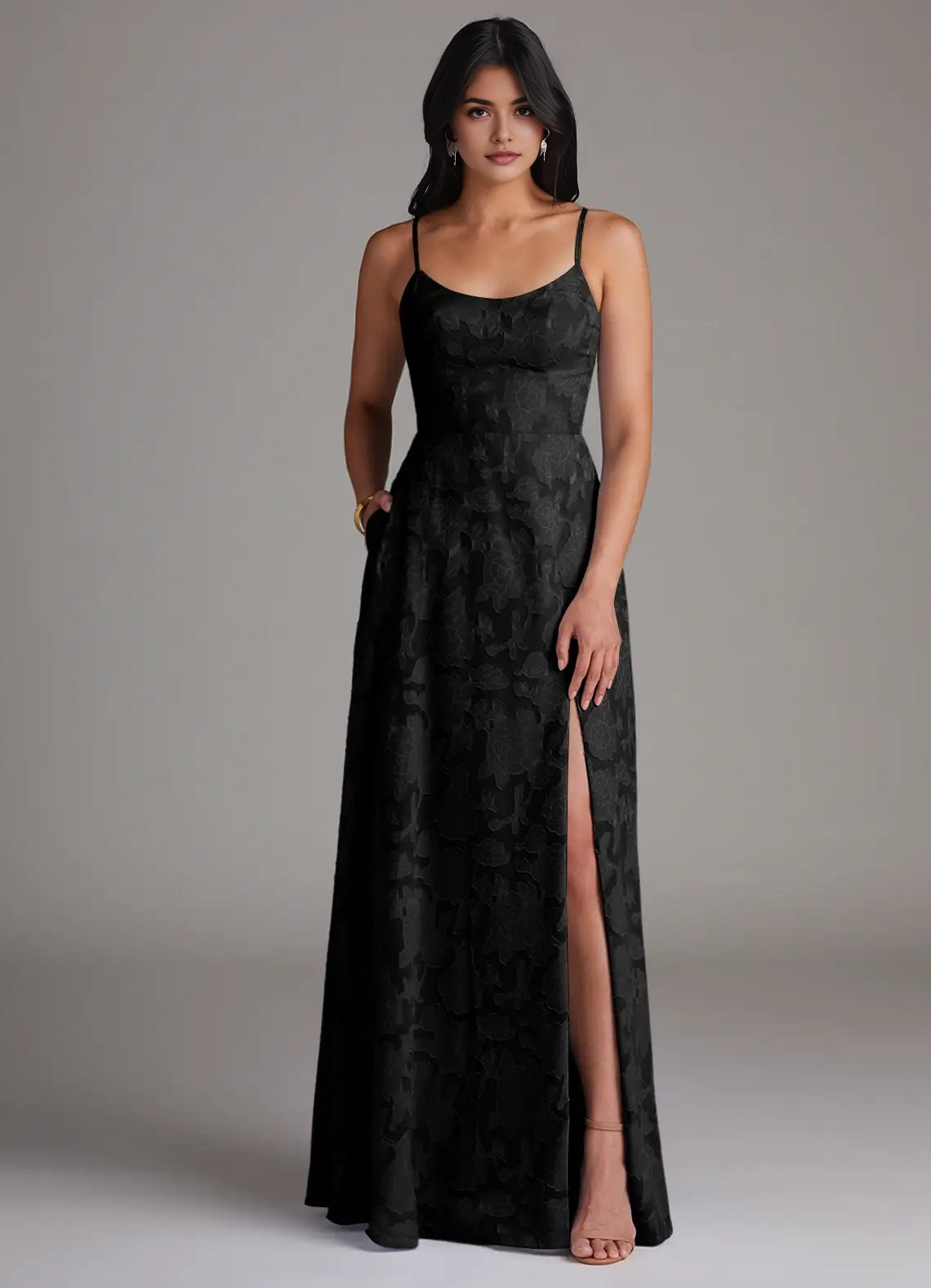 Black Floral Jacquard Spaghetti Strap Maxi Dress with Side Slit Black A-Line Side Slit Floral Burnout Dress Bridesmaid Dresses