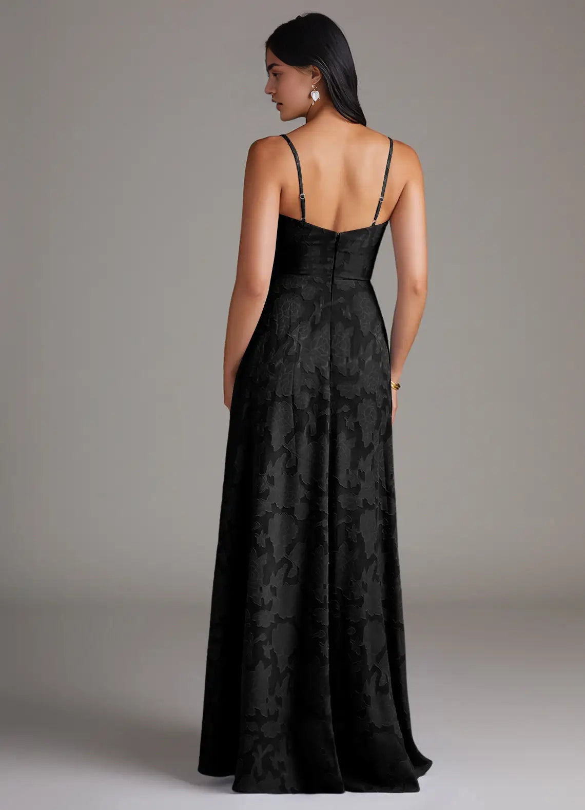 Black Floral Jacquard Spaghetti Strap Maxi Dress with Side Slit Black A-Line Side Slit Floral Burnout Dress Bridesmaid Dresses