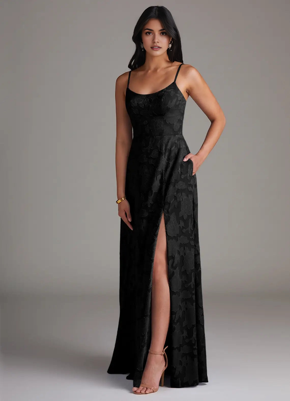 Black Floral Jacquard Spaghetti Strap Maxi Dress with Side Slit Black A-Line Side Slit Floral Burnout Dress Bridesmaid Dresses