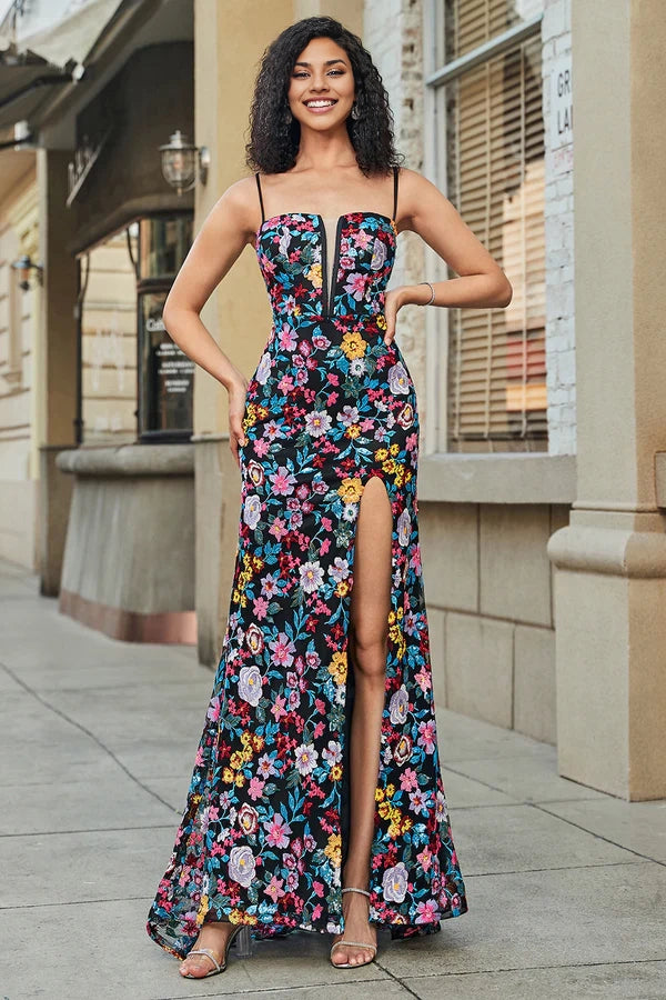 Black Flower Embroidered Mermaid Prom Dress With Side Slit simple gentle atmospheric and unique desig