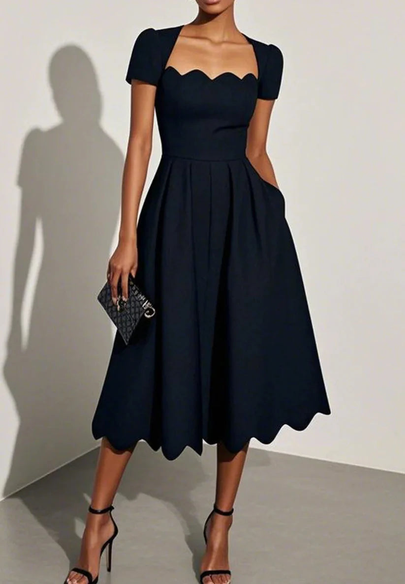 Black Irregular Craftsmanship Classic Square Neck Short Sleeve A-Line Midi Dress simple gentle atmospheric and unique desi Bring summer colors to enhance whiteness