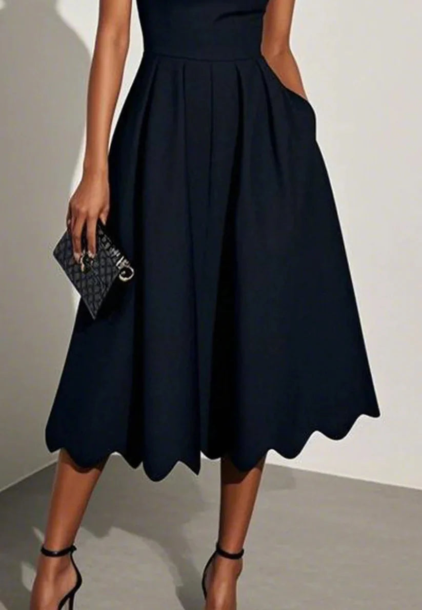 Black Irregular Craftsmanship Classic Square Neck Short Sleeve A-Line Midi Dress simple gentle atmospheric and unique desi Bring summer colors to enhance whiteness