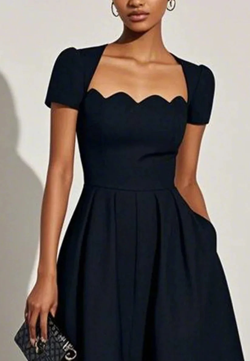 Black Irregular Craftsmanship Classic Square Neck Short Sleeve A-Line Midi Dress simple gentle atmospheric and unique desi Bring summer colors to enhance whiteness