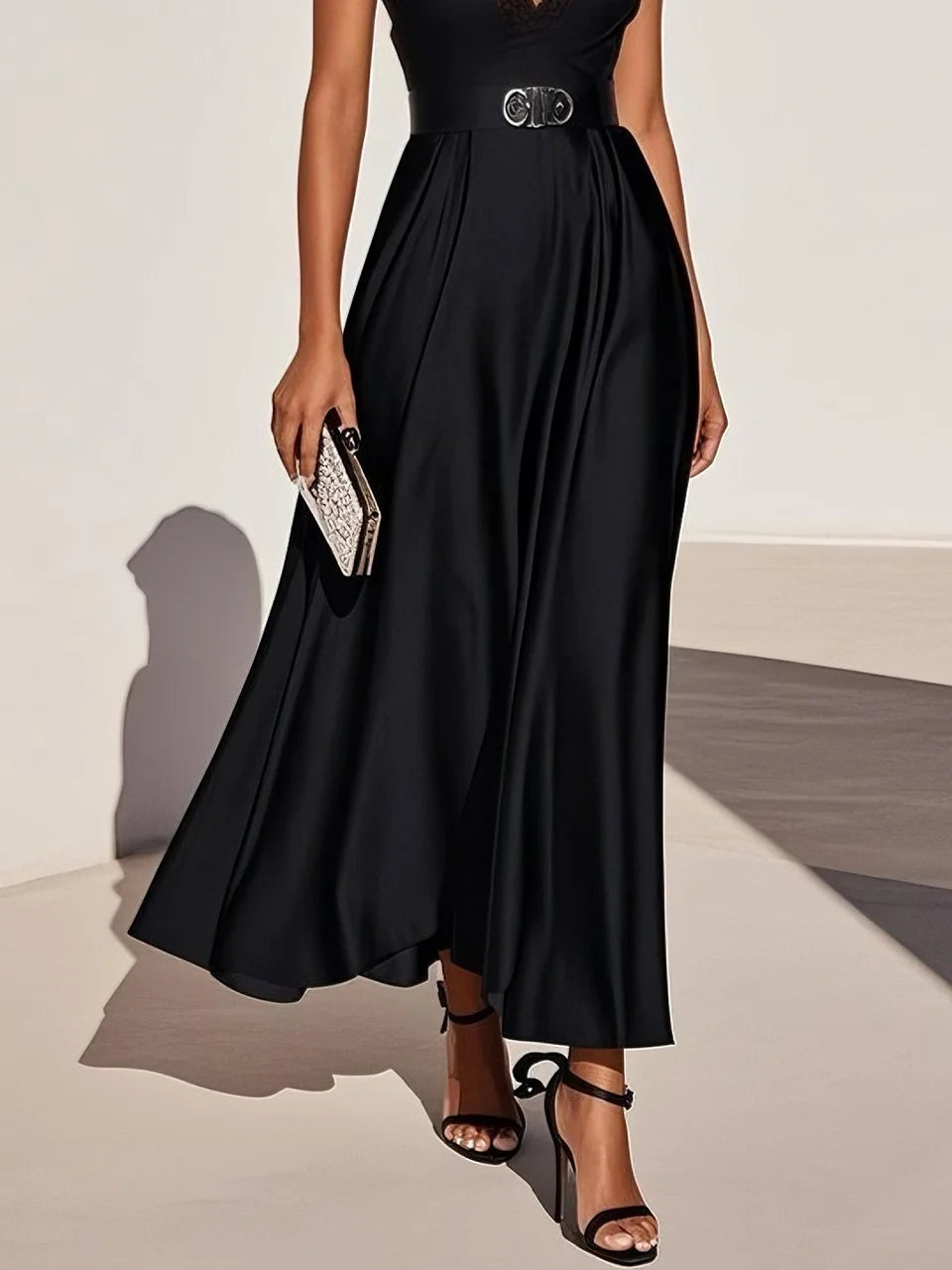 Black Lace Satin V Neck Short Sleeve A-Line Midi Dress simple gentle atmospheric and unique desi Bring summer colors to enhance whiteness ﻿