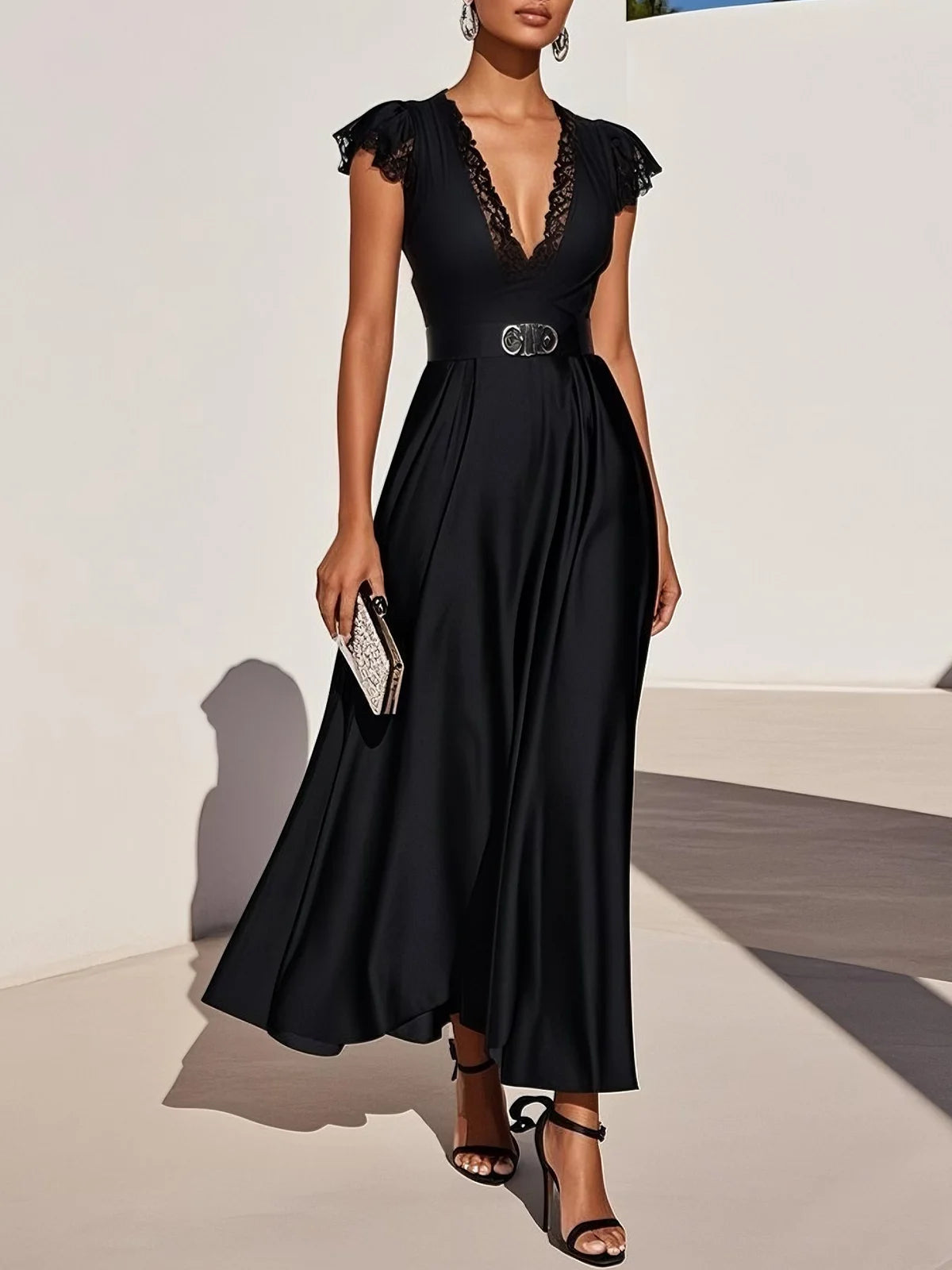 Black Lace Satin V Neck Short Sleeve A-Line Midi Dress simple gentle atmospheric and unique desi Bring summer colors to enhance whiteness ﻿