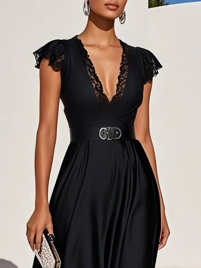 Black Lace Satin V Neck Short Sleeve A-Line Midi Dress simple gentle atmospheric and unique desi Bring summer colors to enhance whiteness ﻿
