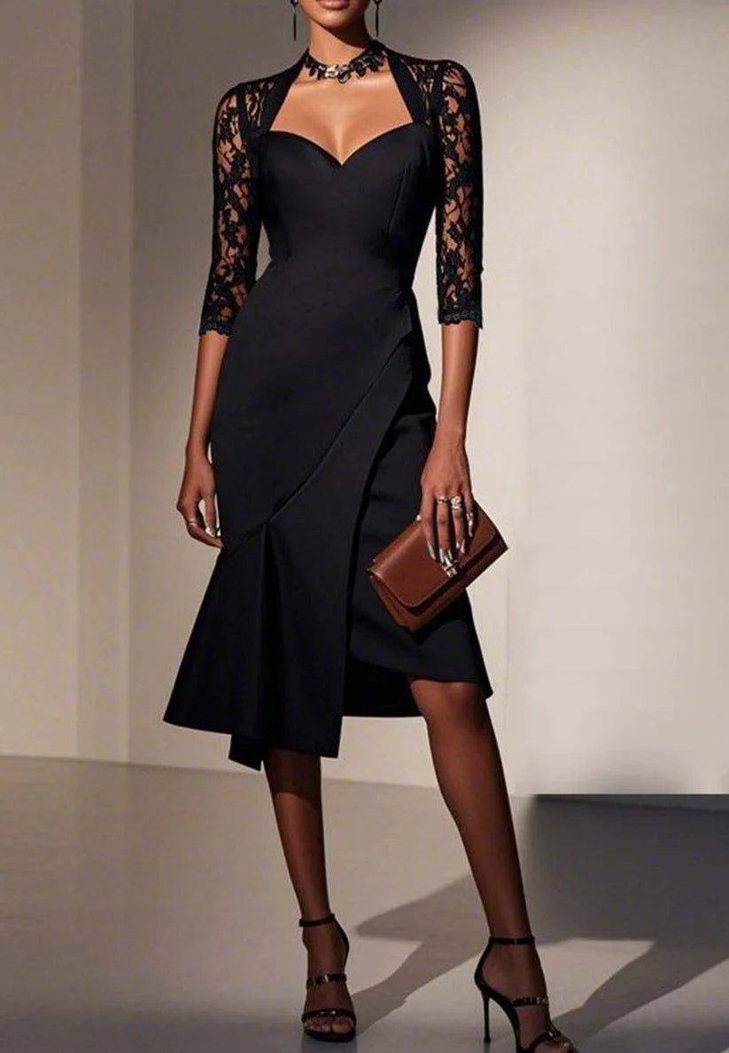 Black Lace Sweetheart Neckline Half Sleeve A-Line Midi Dress simple gentle atmospheric and unique desi Bring summer colors to enhance whiteness